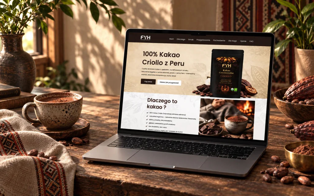FYH Cacao — realizacja landing page produktu premium na laptopie